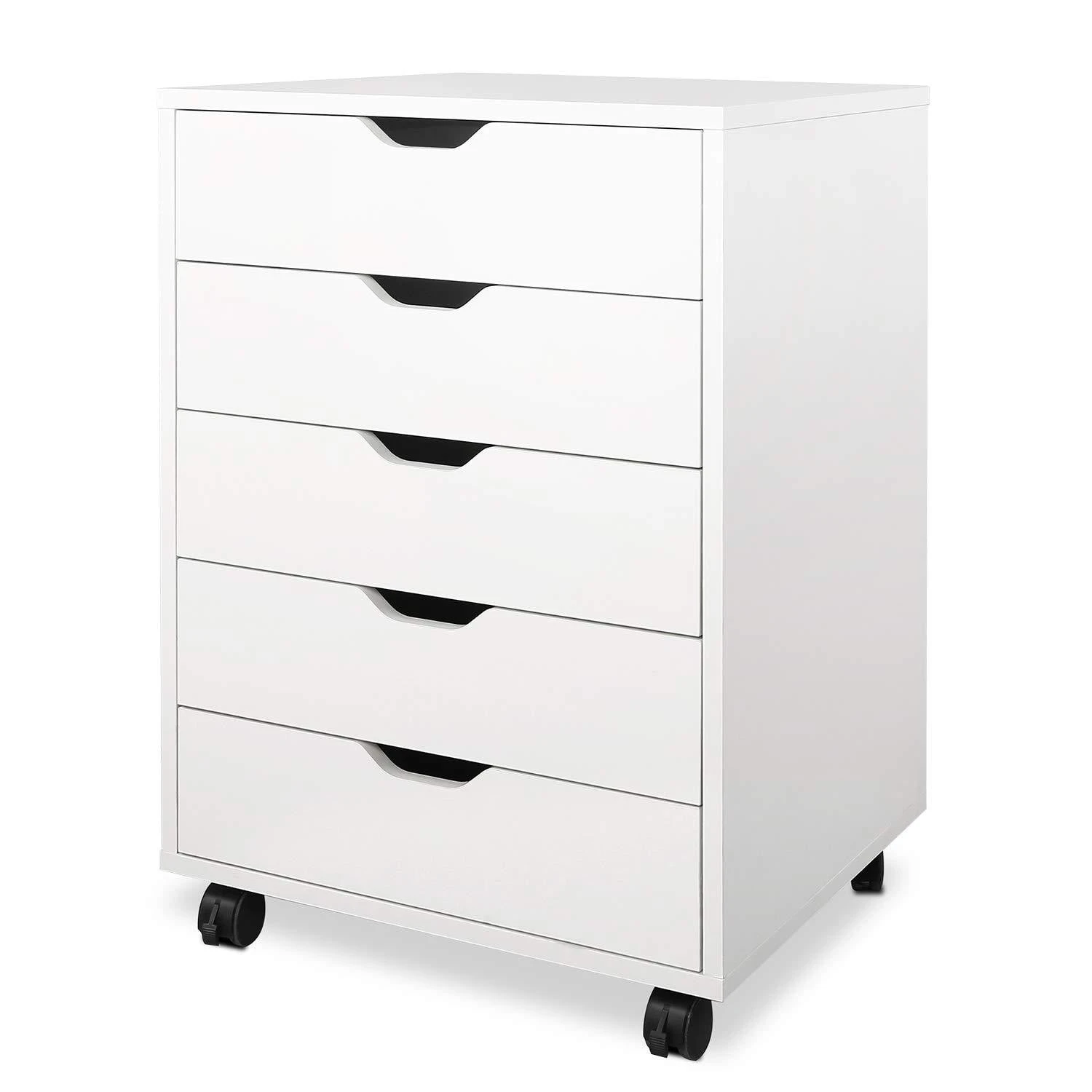 5 Drawers Chest, Wood Storage Dresser with Wheels, Craft Storage Organizer and Storage Drawer Office Drawer Unit - White